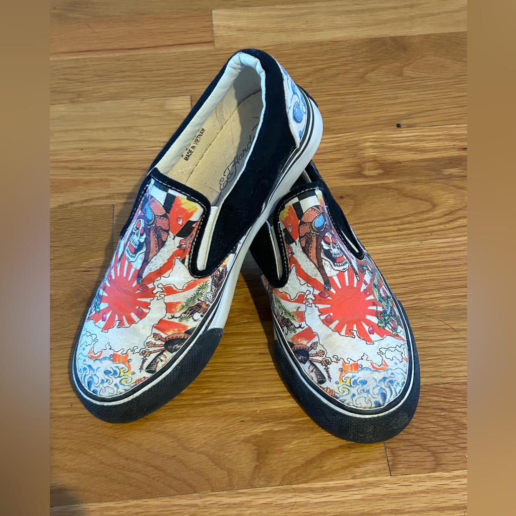 Euc Vintage Circa Early 2000's Ed Hardy Japanese Fighter Pilot Slide On Shoes — image 2 of 6